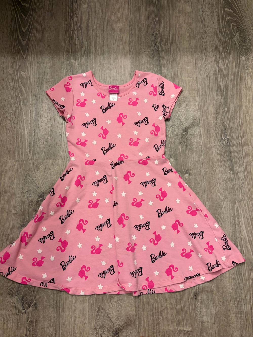 Girl's Barbie Pink Short Sleeve Dress with Logo Print- Size 7/8- Pre-owned